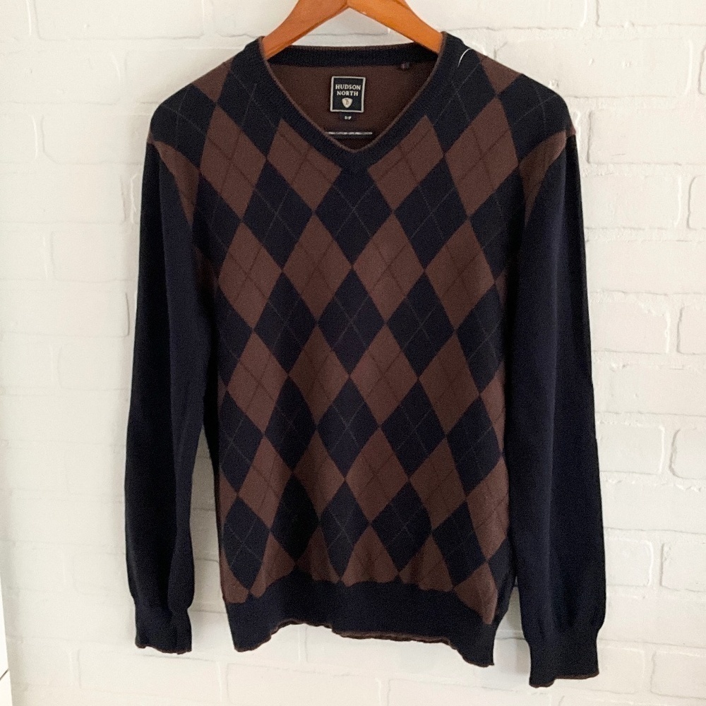 Hudson North Men/Unisex Knit Sweater Pima Cotton Argyle Navy/cream Old money S - Picture 2 of 8